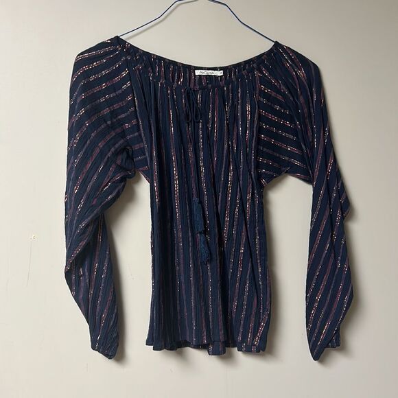 🎀Mes desmoiselles Paris women’s S blue metallic long sleeve crop cotton blouse - Picture 4 of 8